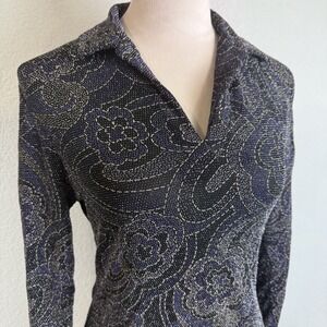 Vintage Sarah B Studios Women's Paisley Sparkle Sequin Collared V Neck Top Sz Sm